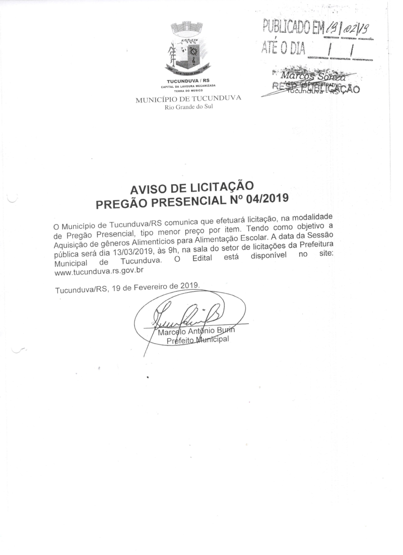 AVISO DE PREGÃO PRESENCIAL Nº 04/2019 - AQUISIÇÃO DE GÊNEROS ALIMENTÍCIOS PARA ALIMENTAÇÃO ESCOLAR